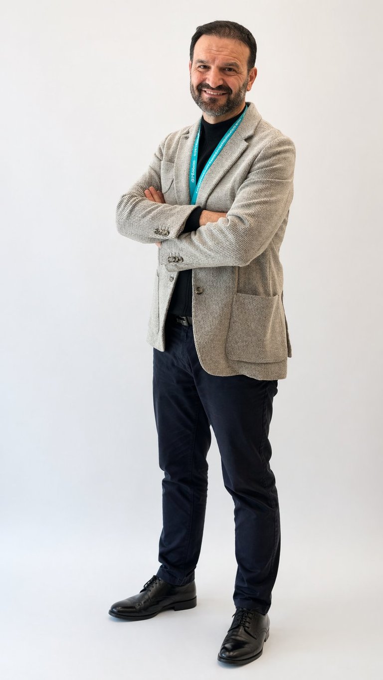 Middle-aged man smiling with arms crossed, wearing beige blazer, teal shirt, and navy pants against white background
