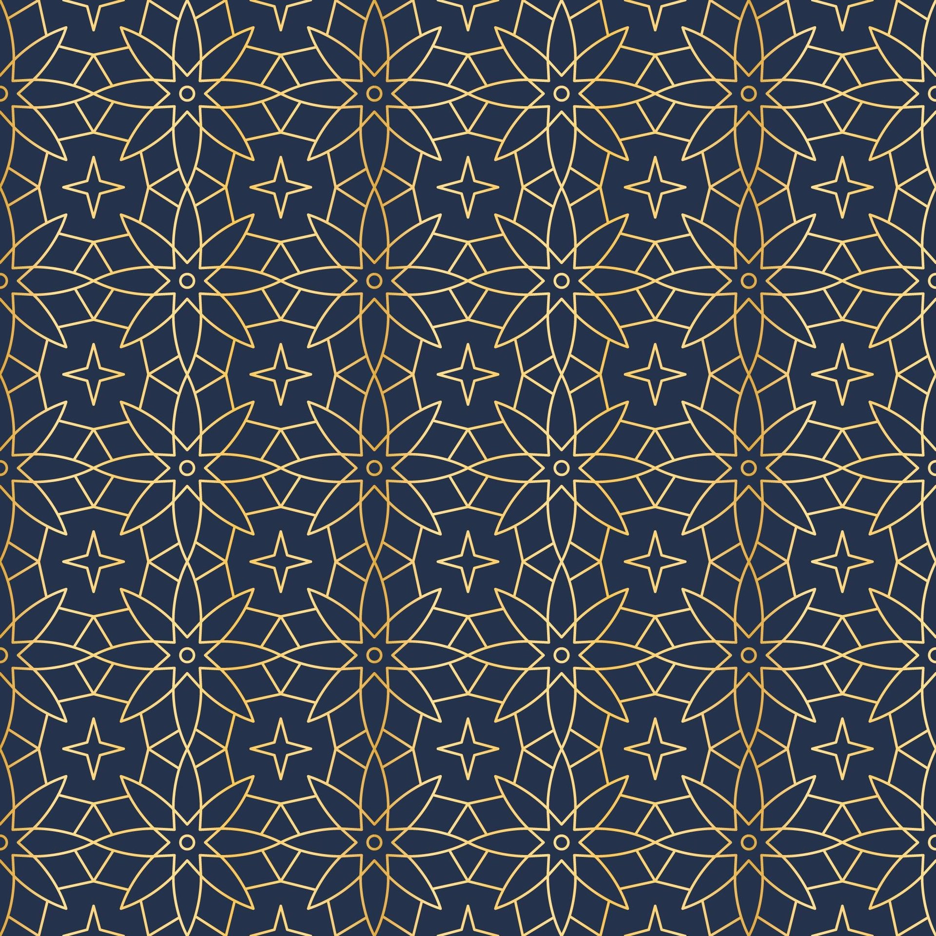 Geometric Islamic pattern with gold star and lattice designs on dark blue background